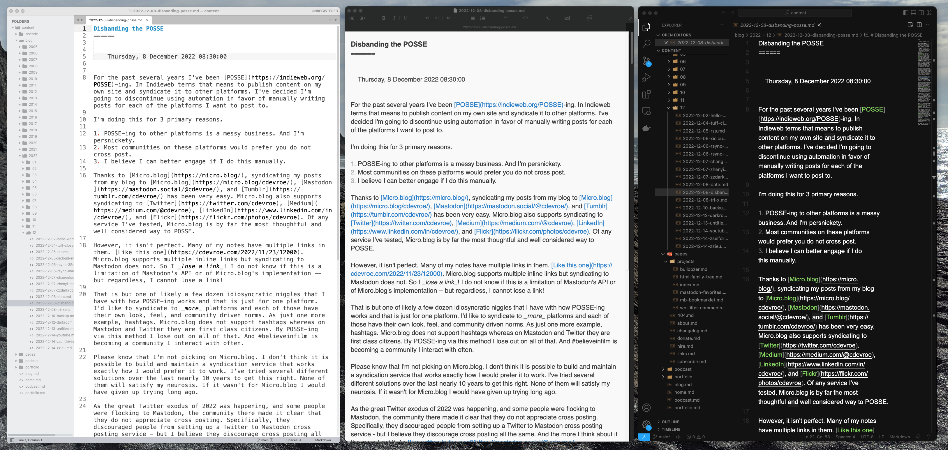 Three text editors side-by-side. Sublime Text, MacDown, and VS Code