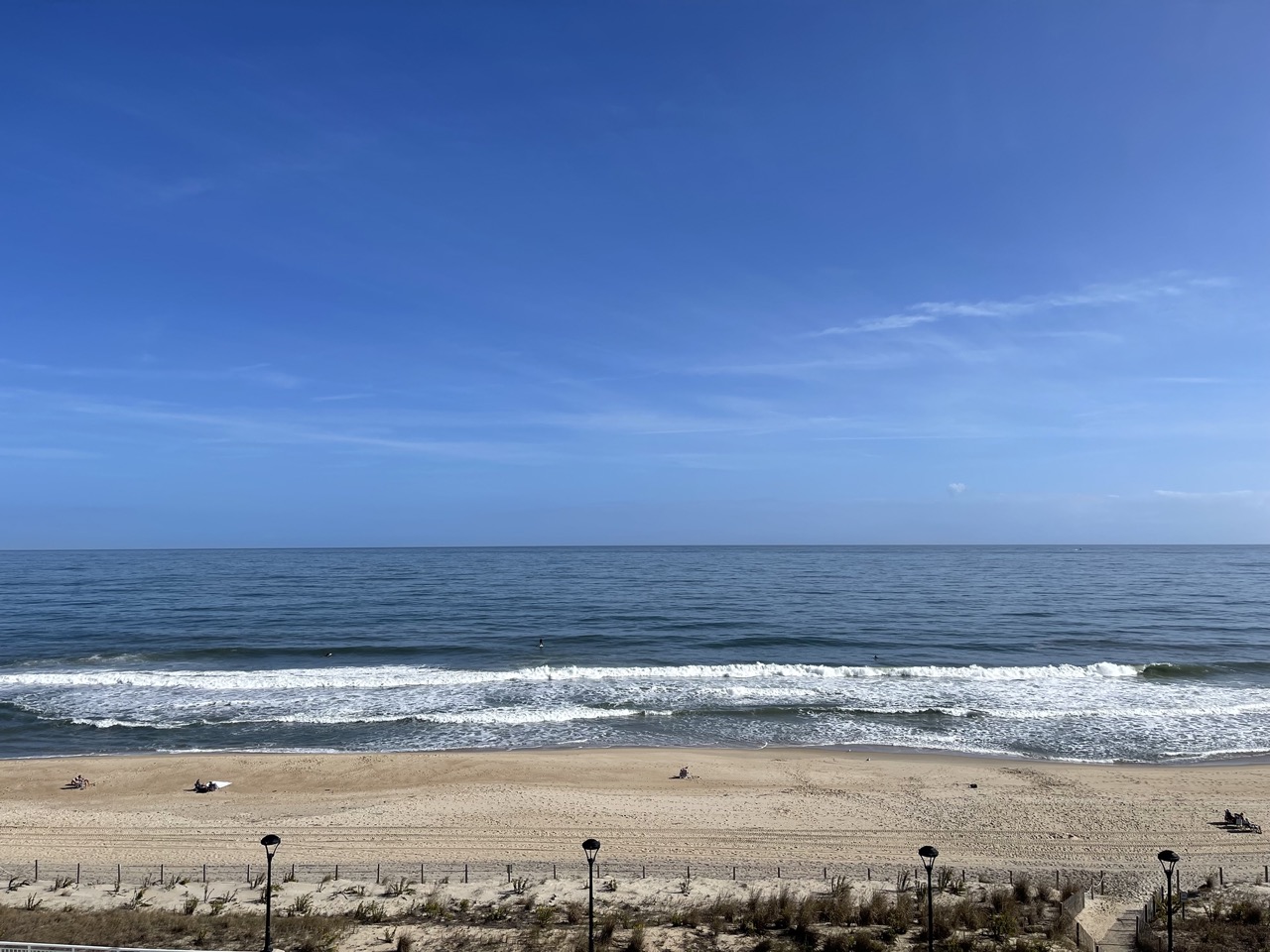 The beach, with the Atlantic Ocean beyond, shot from a fair height