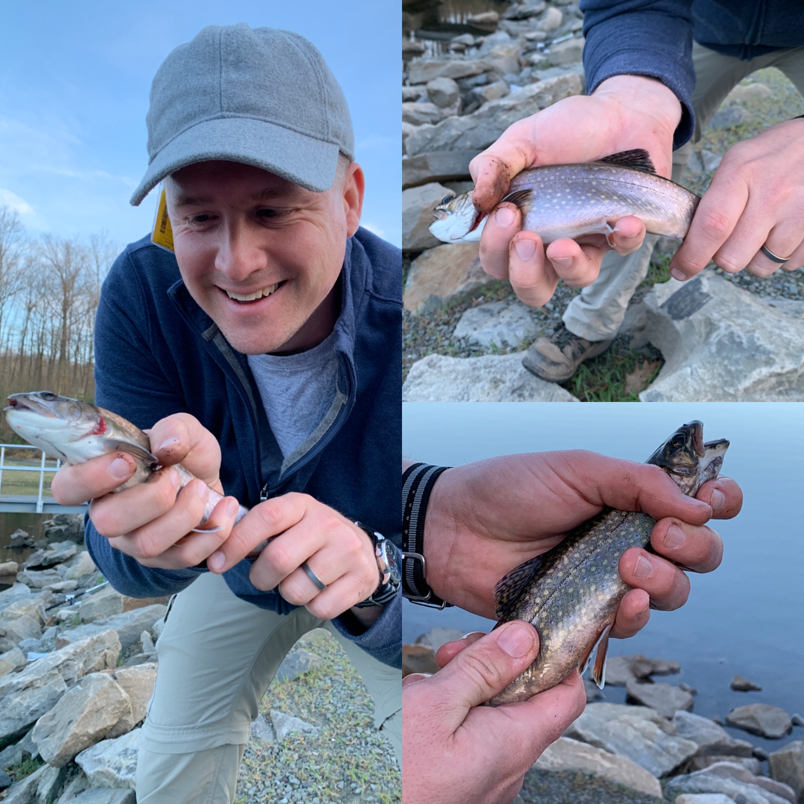 Three photos showing me holding a small brook trout and smiling ear to ear.