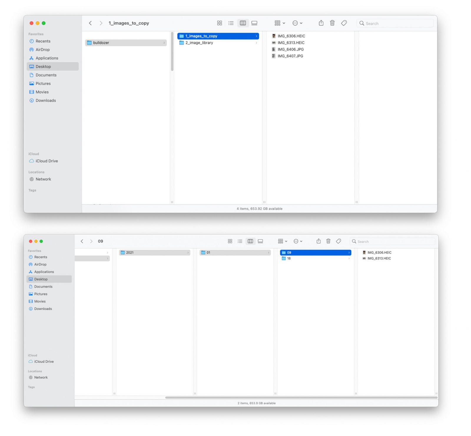 Two Finder windows showing how Bulldozer copies images into new folders based on date taken.