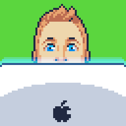 A pixel art version of me, looking out from behind a Mac.