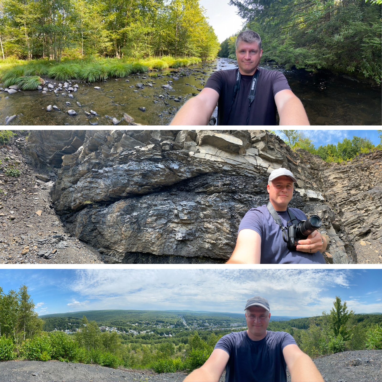 Three panoramic images of me hiking.