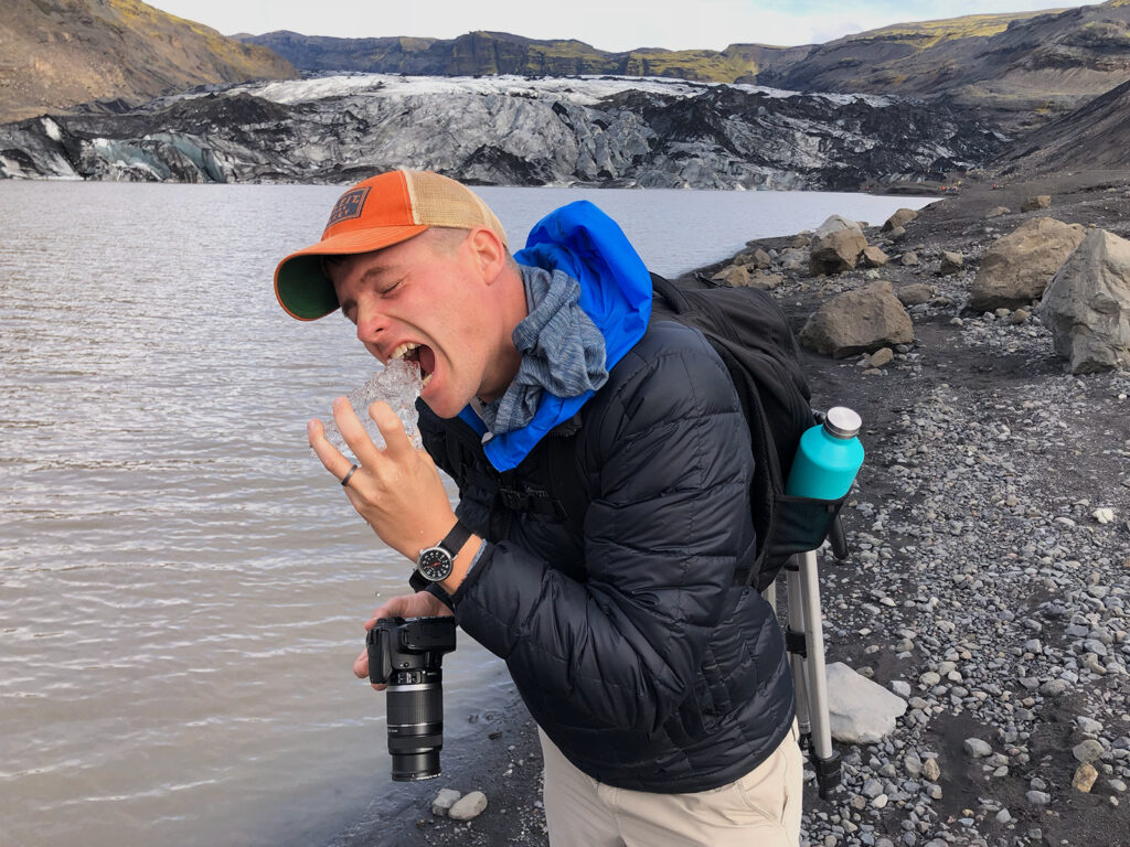 Me biting ice in Iceland