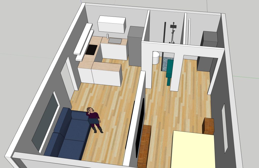 An overhead view of a rough 3D diagram for a small apartment.