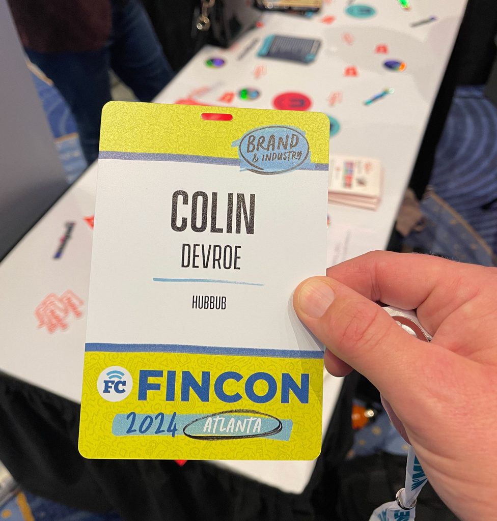 My badge at FinCon 2024.