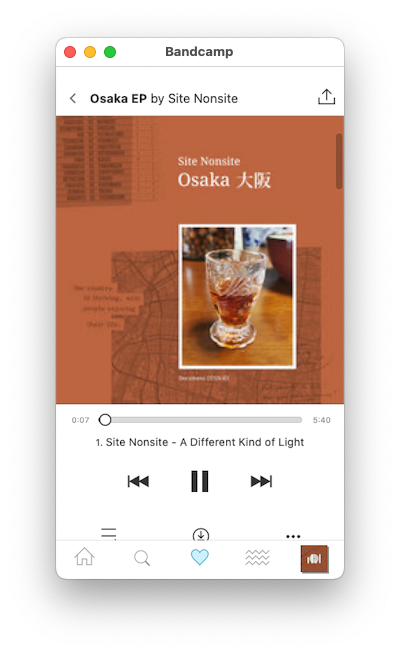 The Bandcamp iOS app running on macOS showing Site Nonsite's Osaka EP playing.