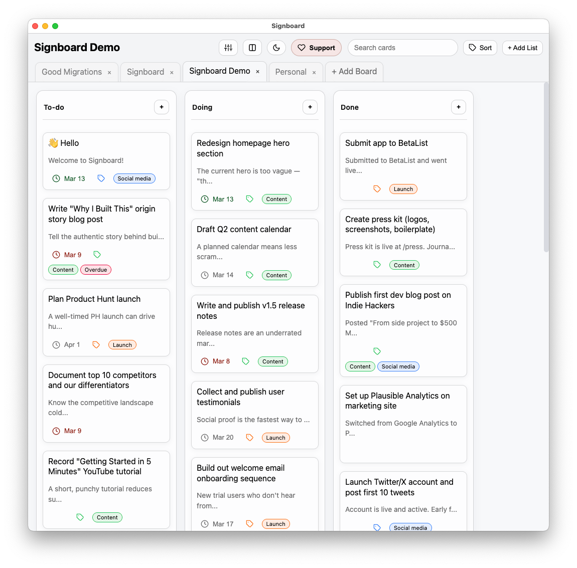 A screenshot of Signboard 1.0.0 on macOS showing a demo board with cards, labels, due dates.