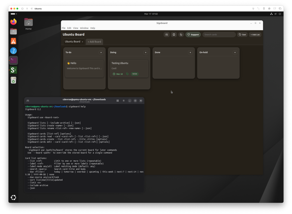 Signboard running on Ubuntu. Also shown is a Terminal window using the Signboard CLI.
