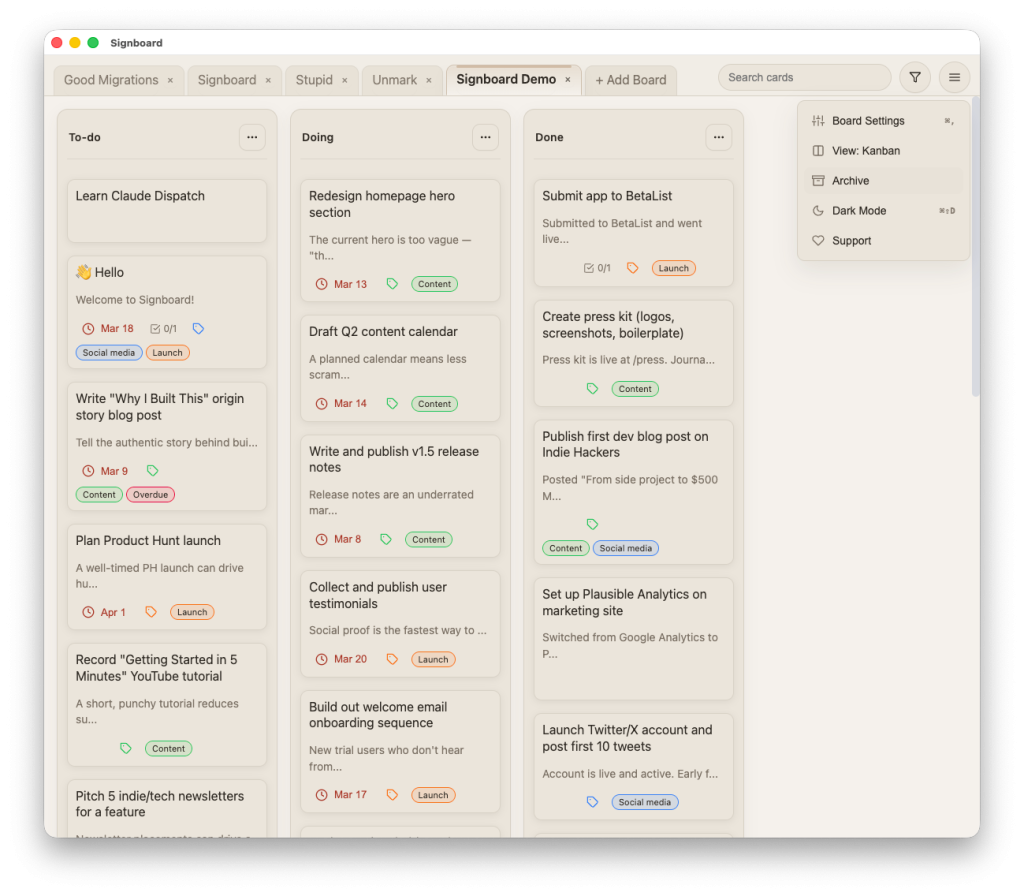 Signboard 1.2.0 running on macOS and showing off the Coffee color scheme.