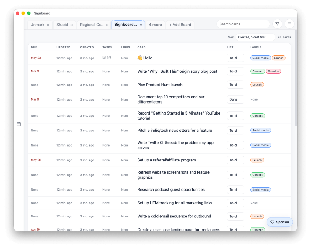 Screenshot of Signboard's sortable table view with columns like due date, created date, labels and more.