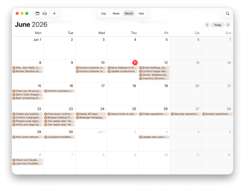 Screenshot of macOS calendar showing "events" based on cards in Signboard that have due dates.