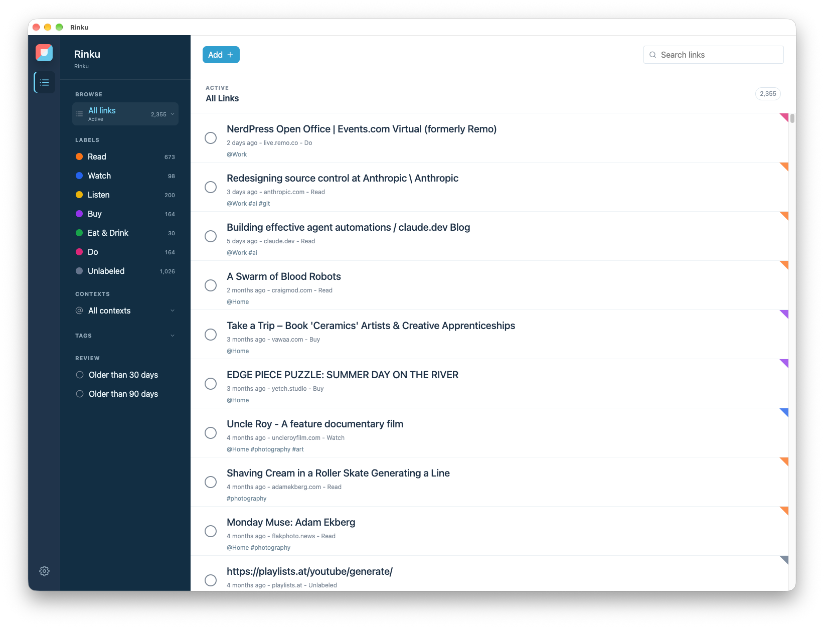 Rinku on macOS, showing saved links alongside labels, contexts, and tags.